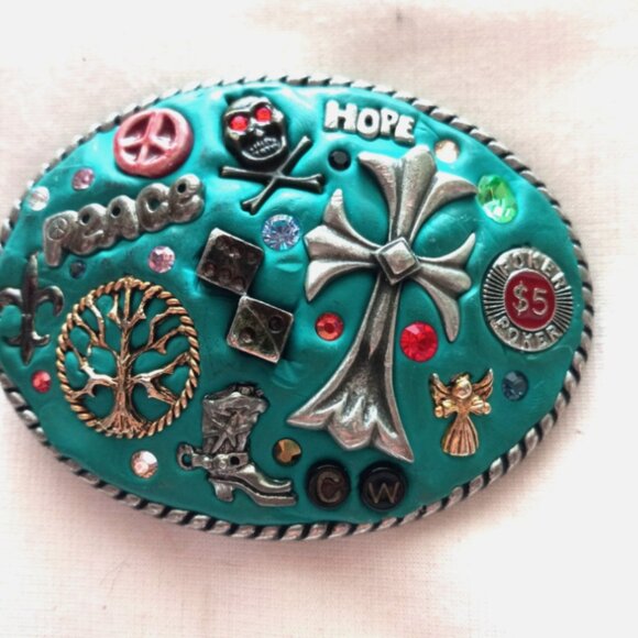 One-of-a-Kind Handcrafted Clay Belt Buckle Peace Skull Cross Vegas Hippie